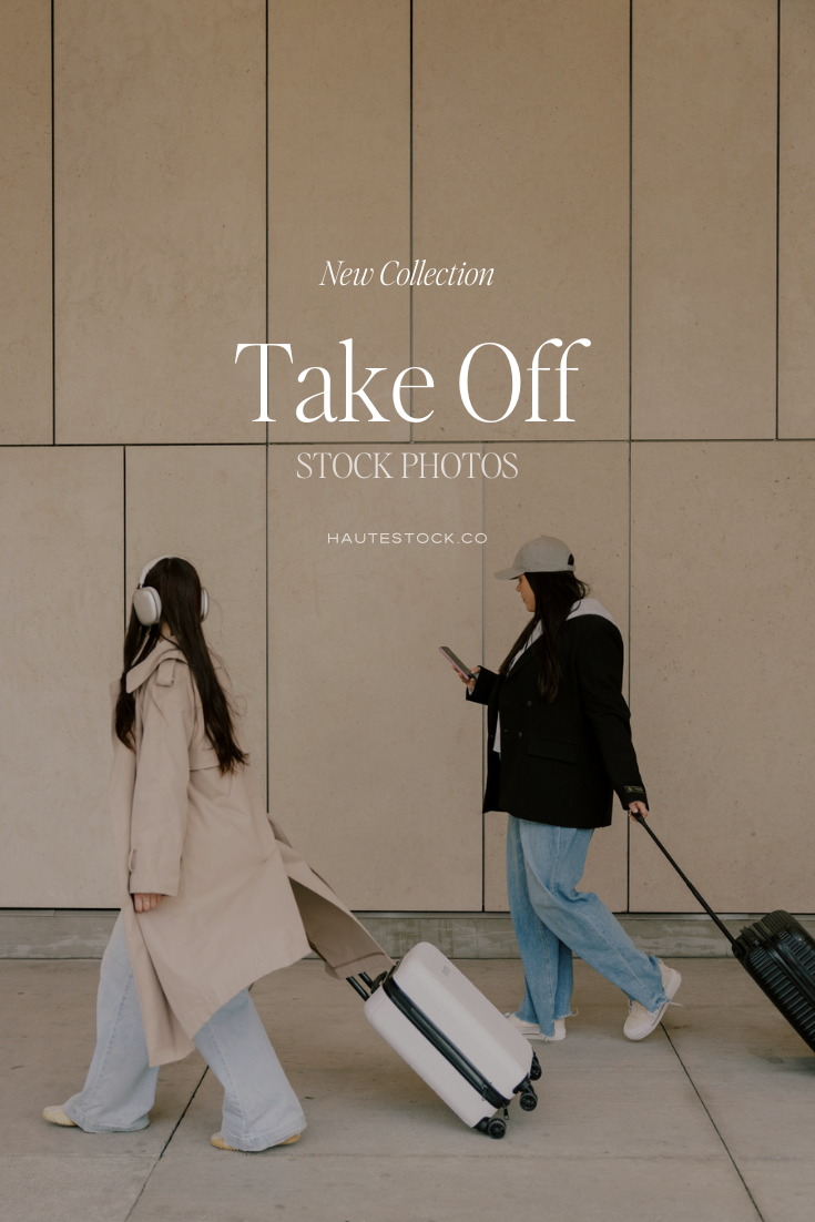 Promotional image for Haute Stock’s Take Off collection showing two modern women with luggage, styled in minimalist travel aesthetic tones.