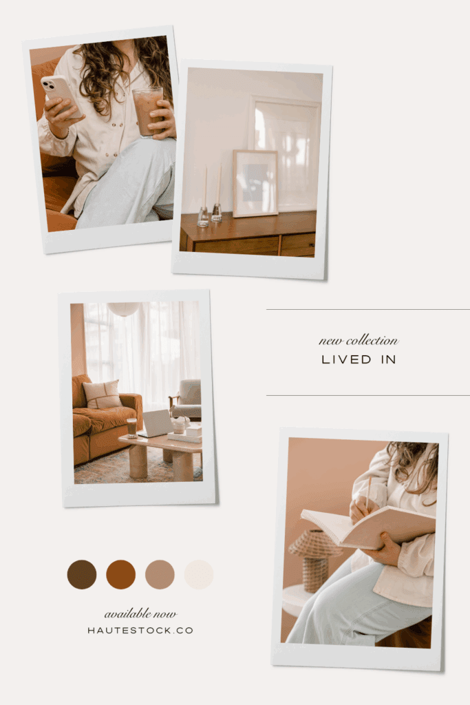 Moodboard of Haute Stock’s Lived-In collection featuring cozy interiors, coffee moments, and neutral boho décor in luxurious interior stock images.