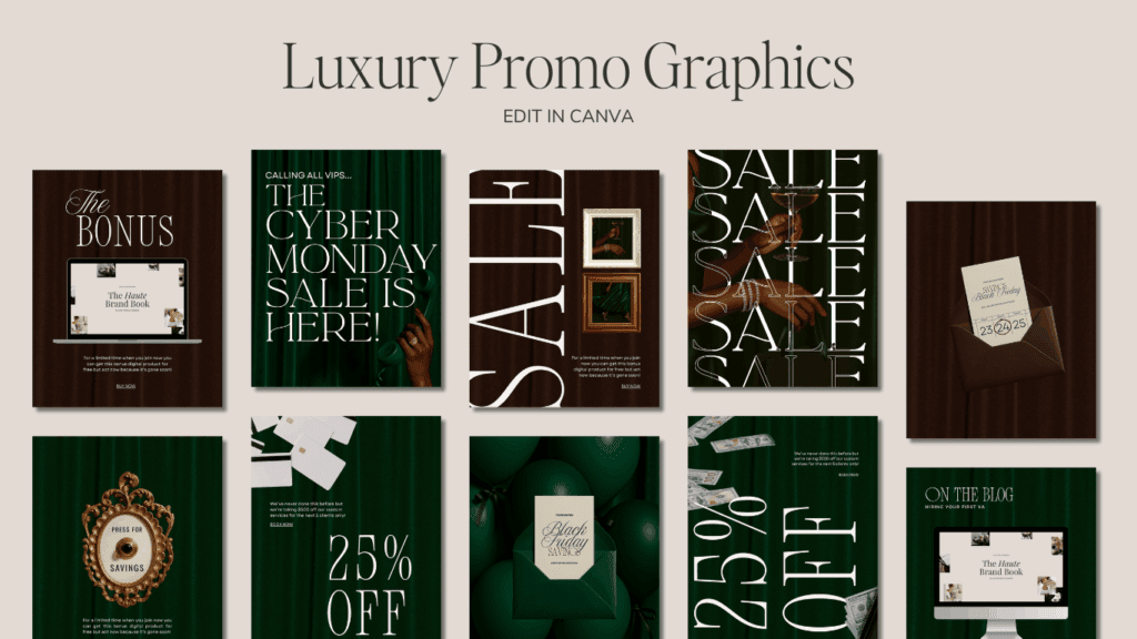 Pinterest graphic from Haute Stock showcasing elegant green and brown Black Friday and Cyber Monday promo templates featuring champagne tones, bold SALE text, and modern luxury styling.