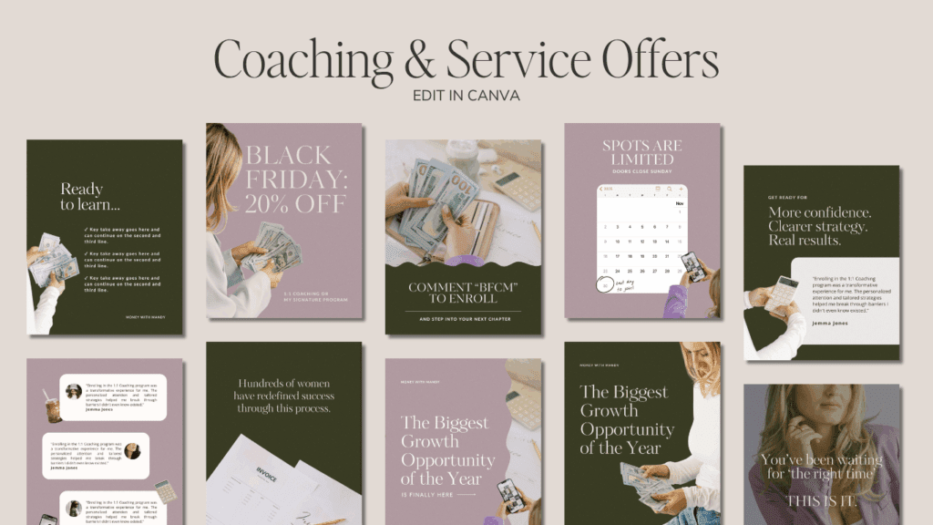 Canva templates for coaches and service providers, featuring Black Friday promotions, enrollment graphics, and neutral modern layouts.