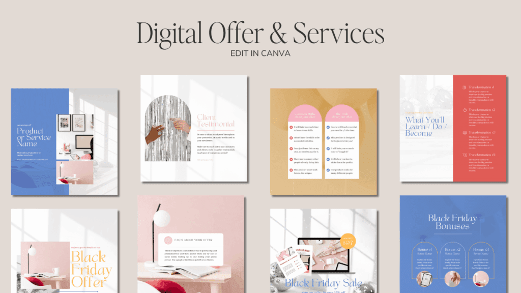 An image of Digital Offer & Services templates in Canva featuring client testimonials, pastel layouts, and polished graphics for course creators and digital brands.