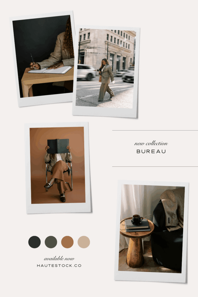 A dark academia inspired moodboard featuring warm brown and beige tones, a coffee cup on a wooden table, and a woman in a tailored suit reading against a brown backdrop — part of the Bureau collection by Haute Stock.