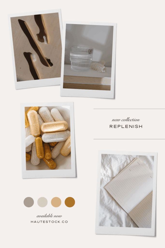 Moodboard collage with vitamins, , glass of water, and wellness rituals in neutral tones — calm, minimalist stock photo aesthetic.