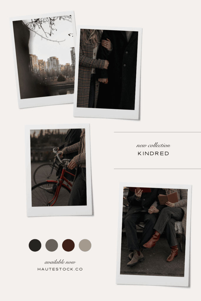 Moodboard of Kindred Collection featuring warm fall colors, cozy couple scenes, and vintage-inspired tones for brand storytelling.