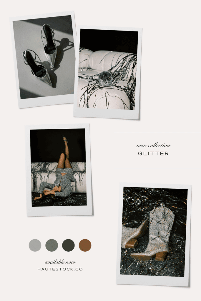A Glitter collection moodboard featuring silver heels, tinsel, sparkly outfits, metallic details, and moody New Year celebration elements.