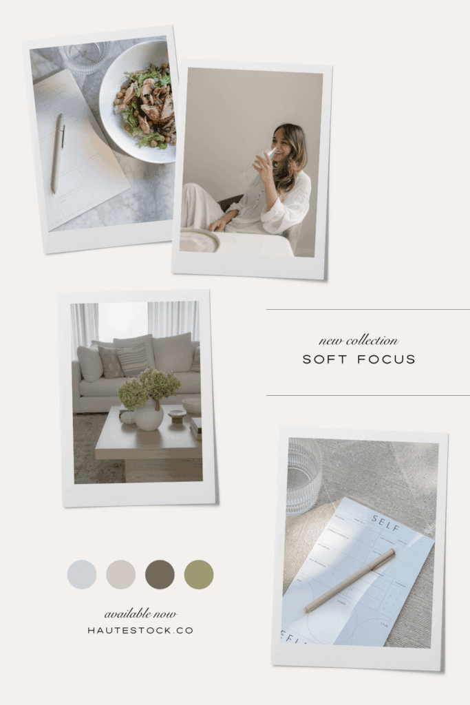 Soft Focus moodboard showing neutral living room, woman in white sipping a drink, healthy lunch, stationery flatlay in soft beige and sage color palette.