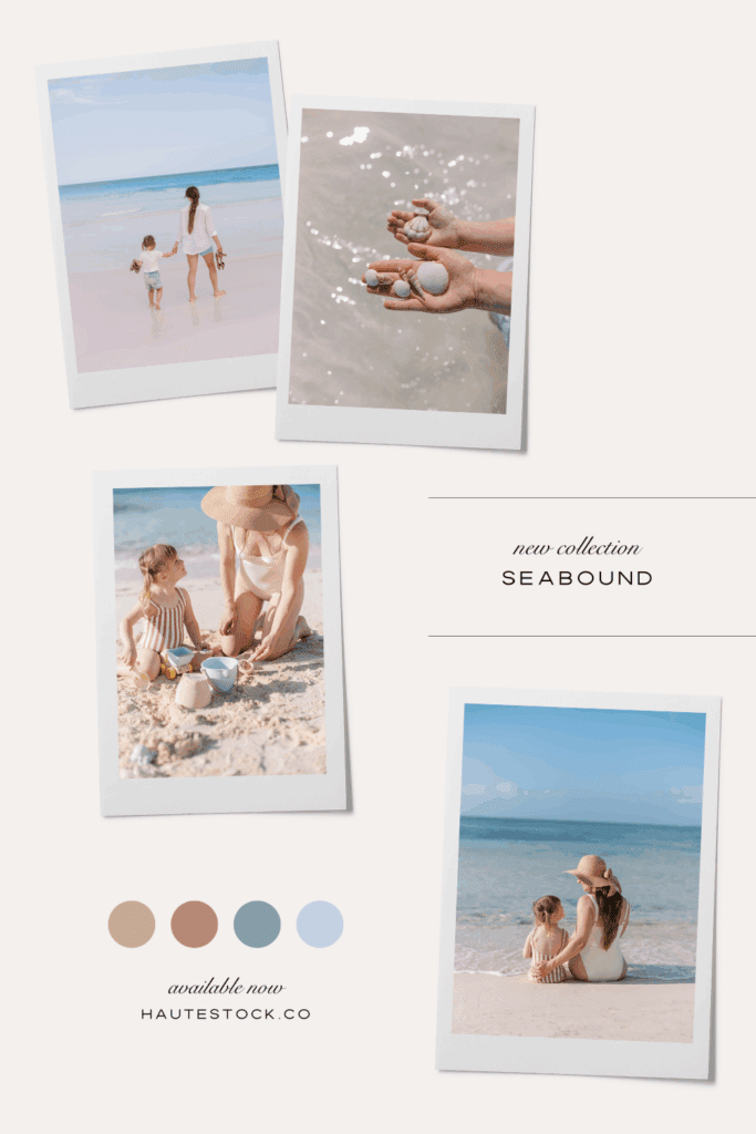 Mother and daughter playing in the sand beside ocean waves — warm beige and blue coastal color palette moodboard.