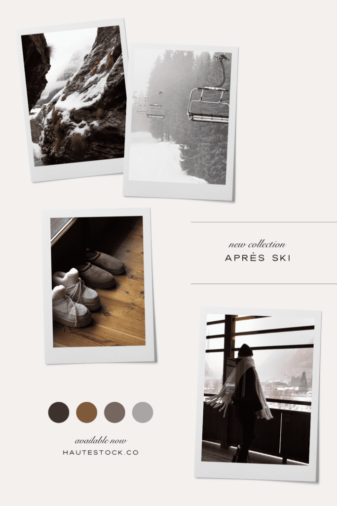 Moodboard collage with snowy ski lift scenes, cozy winter layers, neutral tones, cabin details, and soft lifestyle moments for a warm winter aesthetic.