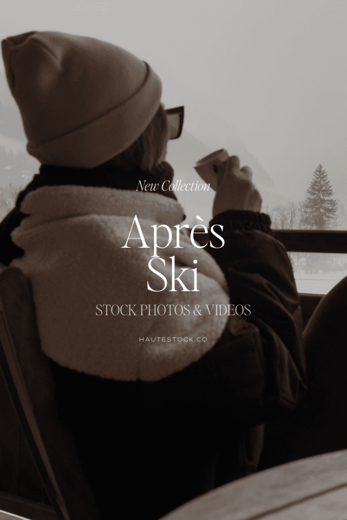 Promotional cover for Après Ski collection with soft neutral winter tones and text overlay announcing stock photos and videos.