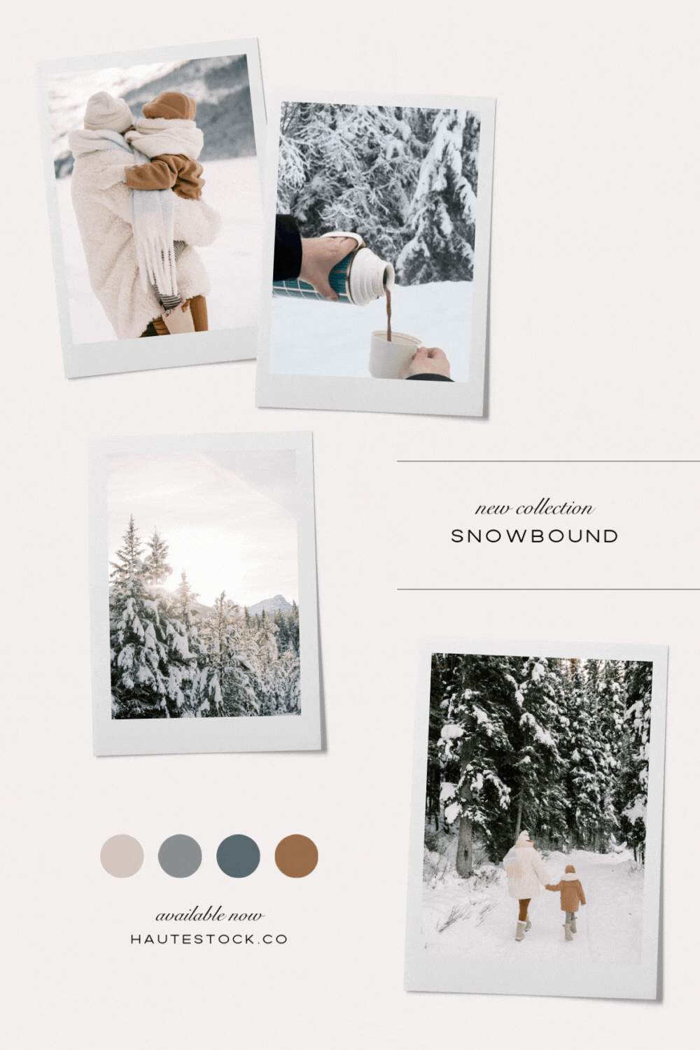 Winter lifestyle moodboard featuring snowy outdoor scenes, neutral color palettes, cozy layers, and calm seasonal textures.