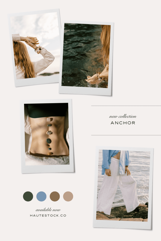 Soft coastal moodboard featuring hands in ocean water, minimal jewelry, earthy neutrals, and intimate wellness inspired moments that feel calm and grounded.