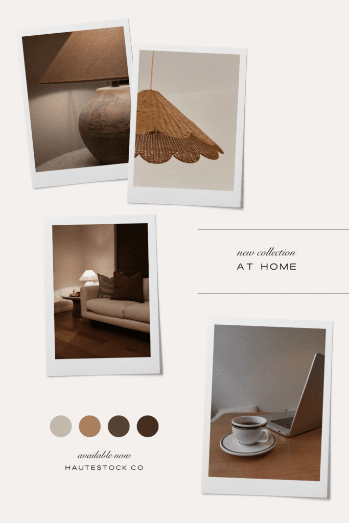 Moodboard featuring cozy neutral home interiors, woven lighting, soft furnishings, and warm, minimalist styling.