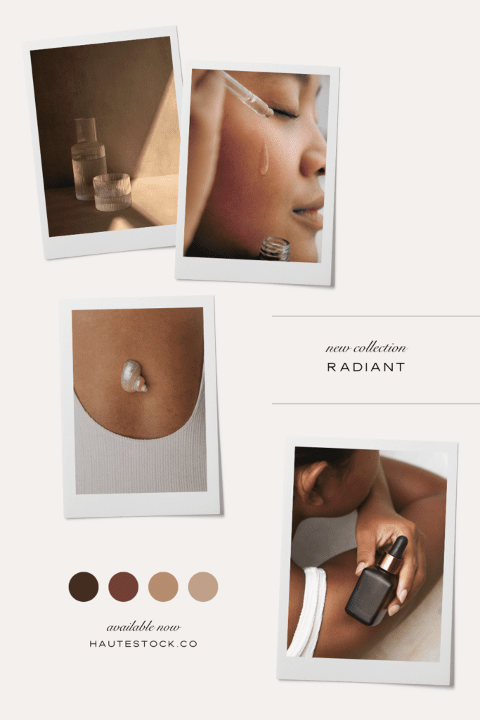 Wellness brand moodboard featuring neutral skincare photography, body positive details, and warm spa inspired textures.