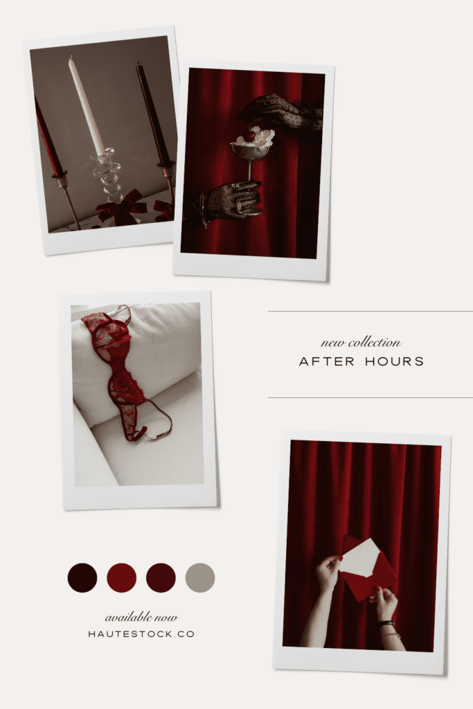 Romantic moodboard featuring deep red lingerie, candles, espresso cups, handwritten letters, and rich textures styled in a vintage editorial theme.
