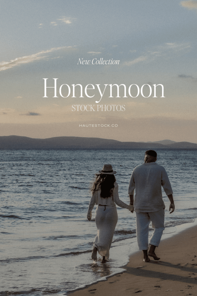 Cover image for Honeymoon collection featuring a couple holding hands while walking along the shoreline at sunset, evoking romantic travel, quiet connection, and soft coastal lifestyle moments.