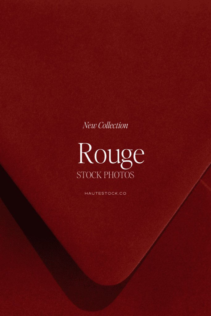 Rouge stock photos cover featuring deep red textured envelope and bold romantic branding for Valentine’s Day and year round content.