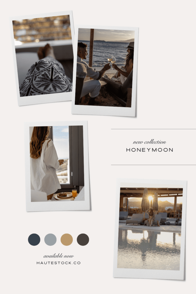 Moodboard of romantic travel lifestyle stock photos featuring neutral tones, coastal views, relaxed movement, and soft-life escapism visuals.
