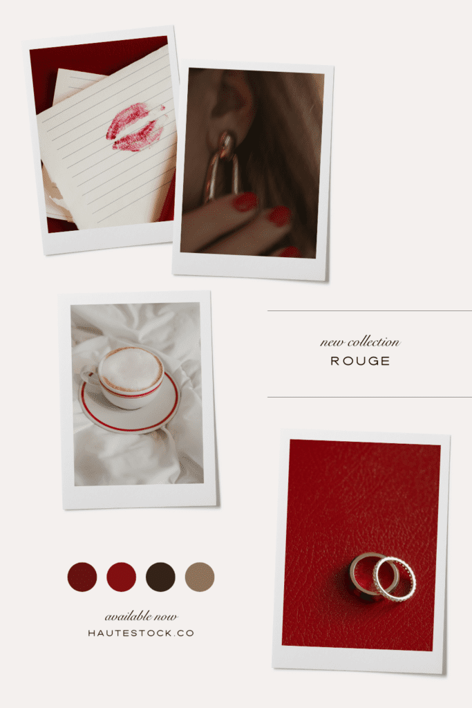 Rouge stock photography moodboard featuring red and berry hues, romantic stationery, coffee moments, and feminine lifestyle details.