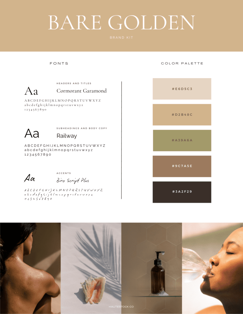Neutral beige and brown Canva brand kit example by Haute Stock showing font pairings, brand color palette swatches, and cohesive lifestyle imagery arranged in a clean, elevated layout.
