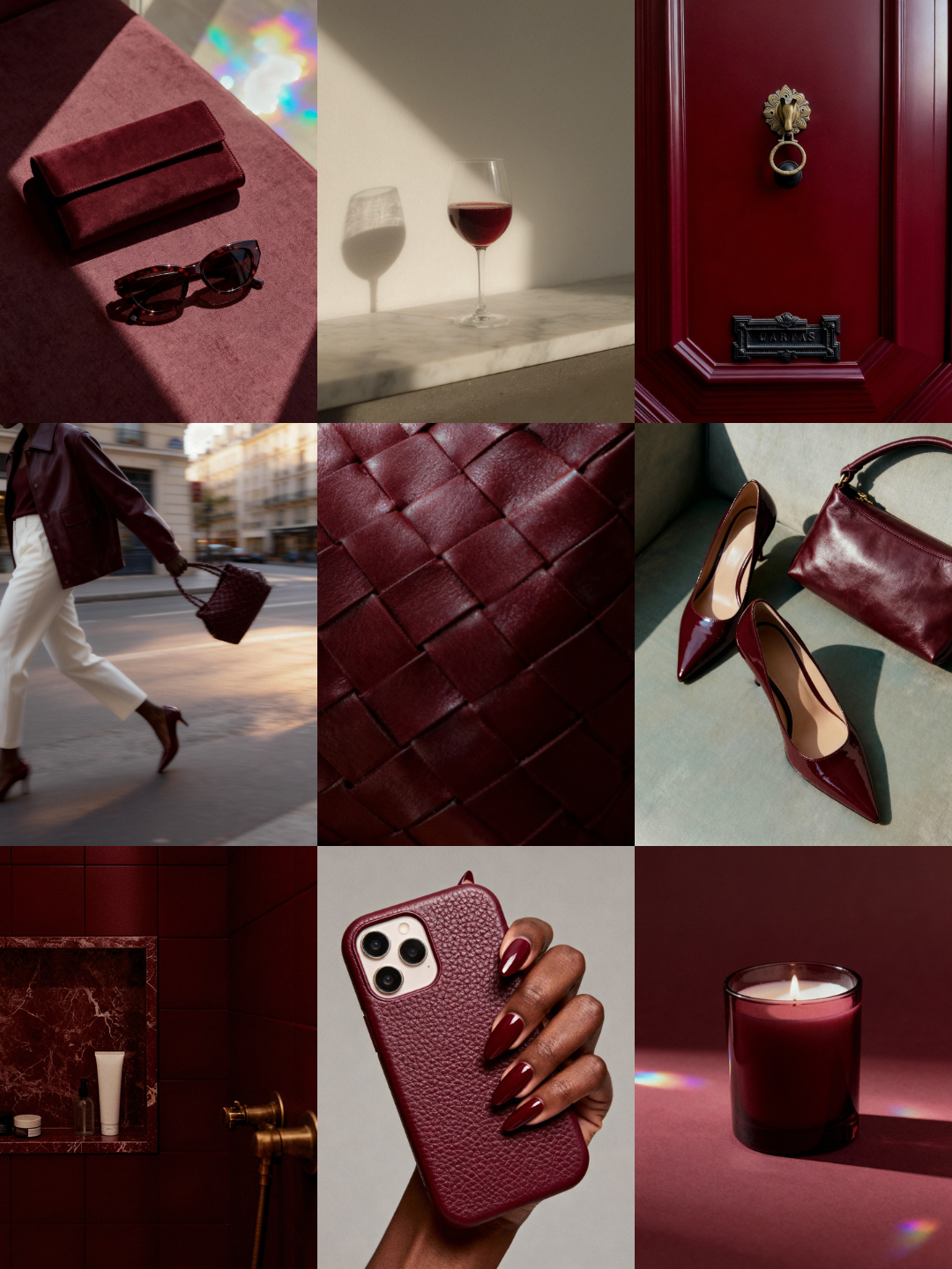 Collage of luxury burgundy aesthetic images with rich wine red tones and elegant brand color palette inspiration.