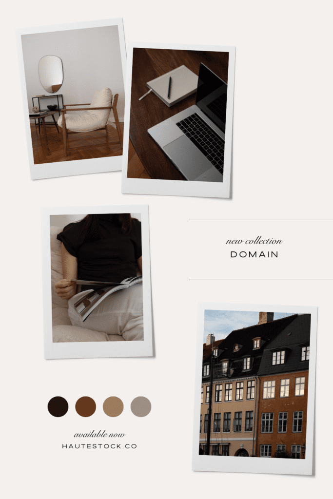 Neutral lifestyle moodboard featuring warm brown color palette, minimalist interiors, laptop workspace, wardrobe textures, and European architecture from the Domain collection