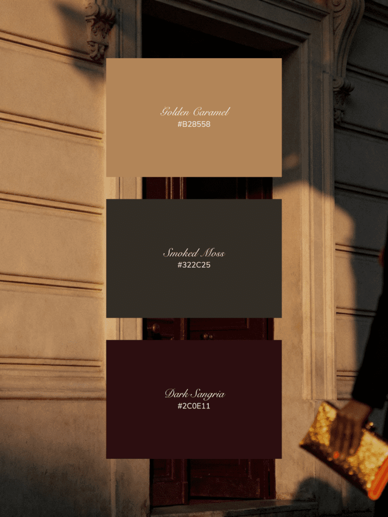 Luxury burgundy and gold brand color palette with golden caramel, smoked moss, and dark sangria tones.