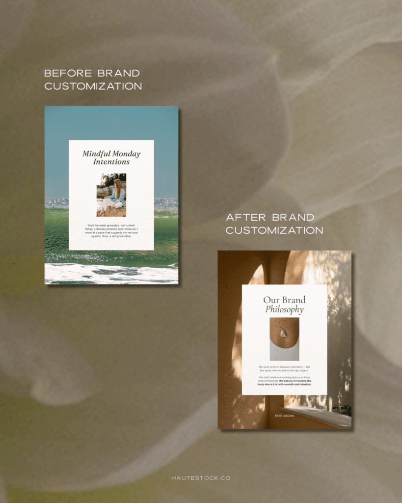 Before and after brand customization example using Haute Stock Canva templates, showing a basic beach-themed layout transformed into a warm, editorial, elevated brand graphic with refined fonts and cohesive imagery.