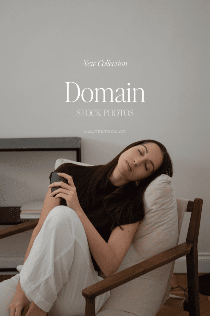 Woman resting on a neutral sofa with soft beige tones and minimal styling, promoting the Domain stock photo collection by Haute Stock.