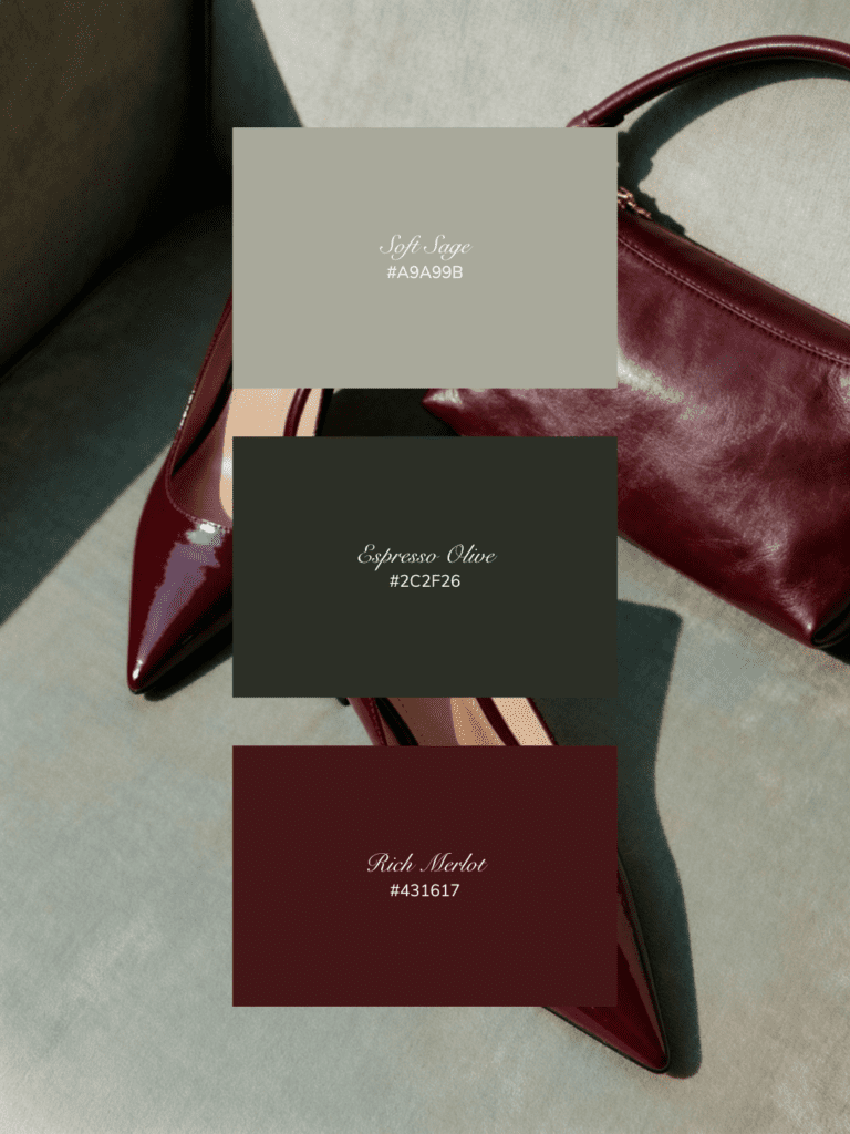Earthy luxury burgundy color palette with sage green, olive, and deep merlot tones.