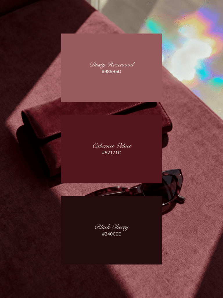 Romantic luxury burgundy color palette with dusty rosewood, cabernet red, and dark cherry tones.