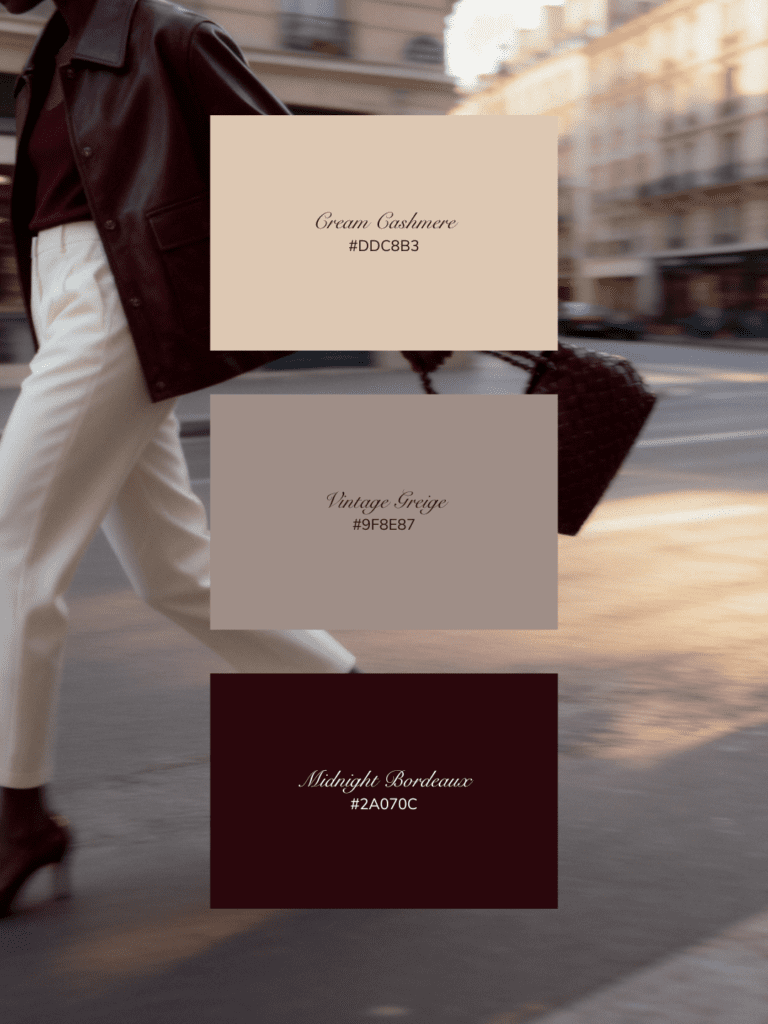 Elegant neutral and burgundy brand color palette with cream, greige, and deep bordeaux tones.
