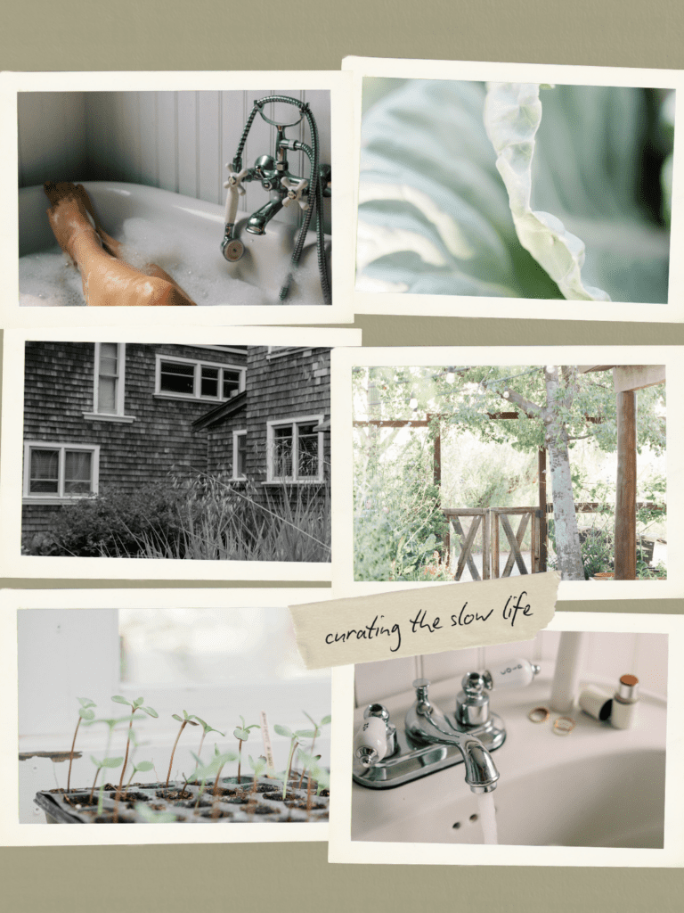 Cottagecore slow living aesthetic collage with cottage garden, vintage home, and nature details. 