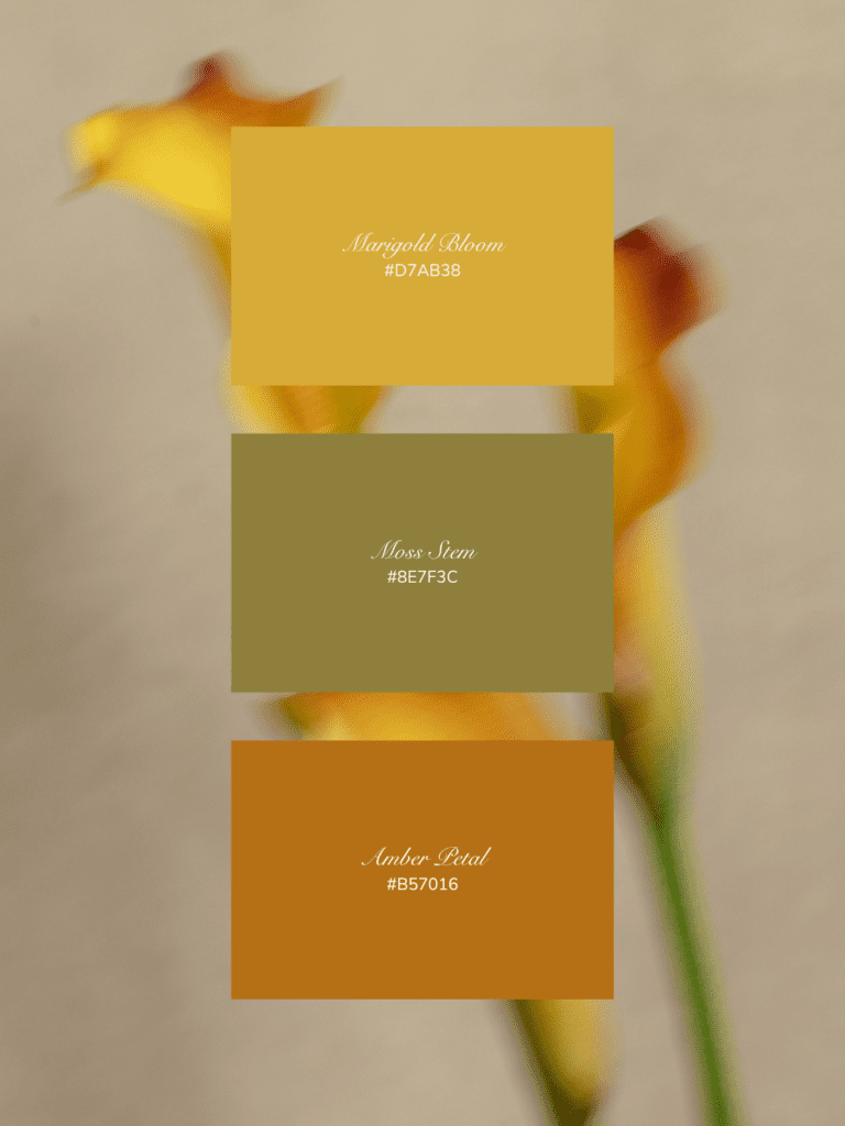 Luxury spring color palette featuring marigold yellow, moss green, and amber tones inspired by botanical florals and warm natural light.