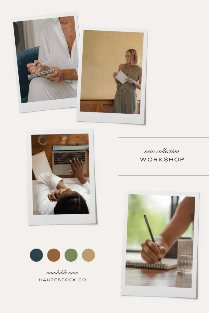 Moodboard of workshop and collaboration scenes with women working together, teaching, planning, and creating in a warm, natural light setting