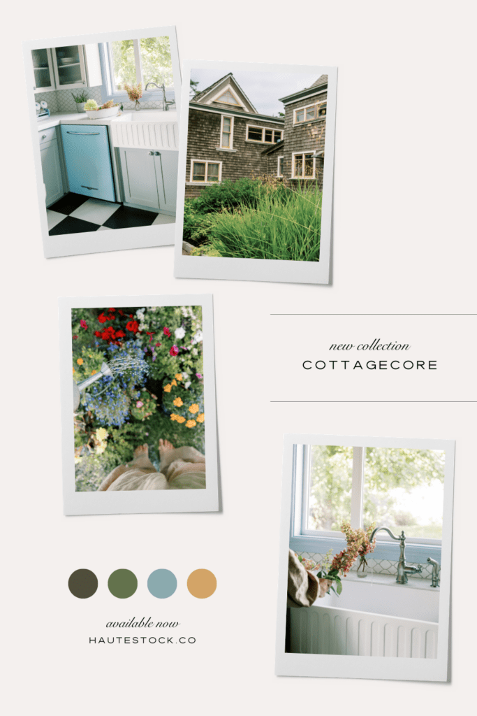 Cottagecore brand color palette inspiration with cottage kitchen, garden flowers, and soft earthy tones