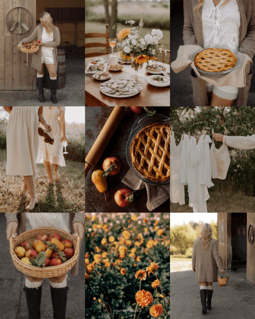 Cottagecore harvest aesthetic with apples, homemade pie, flowers, and countryside lifestyle scenes