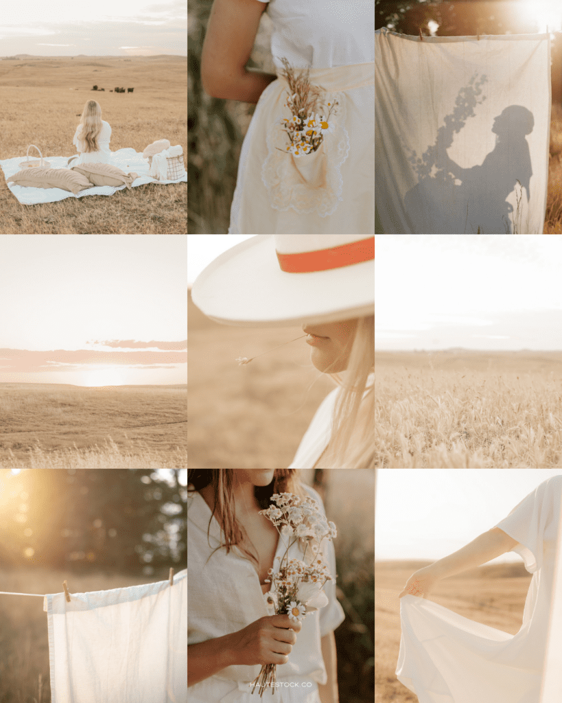 Soft cottagecore countryside aesthetic with wheat fields, wildflowers, and feminine rural lifestyle imagery
