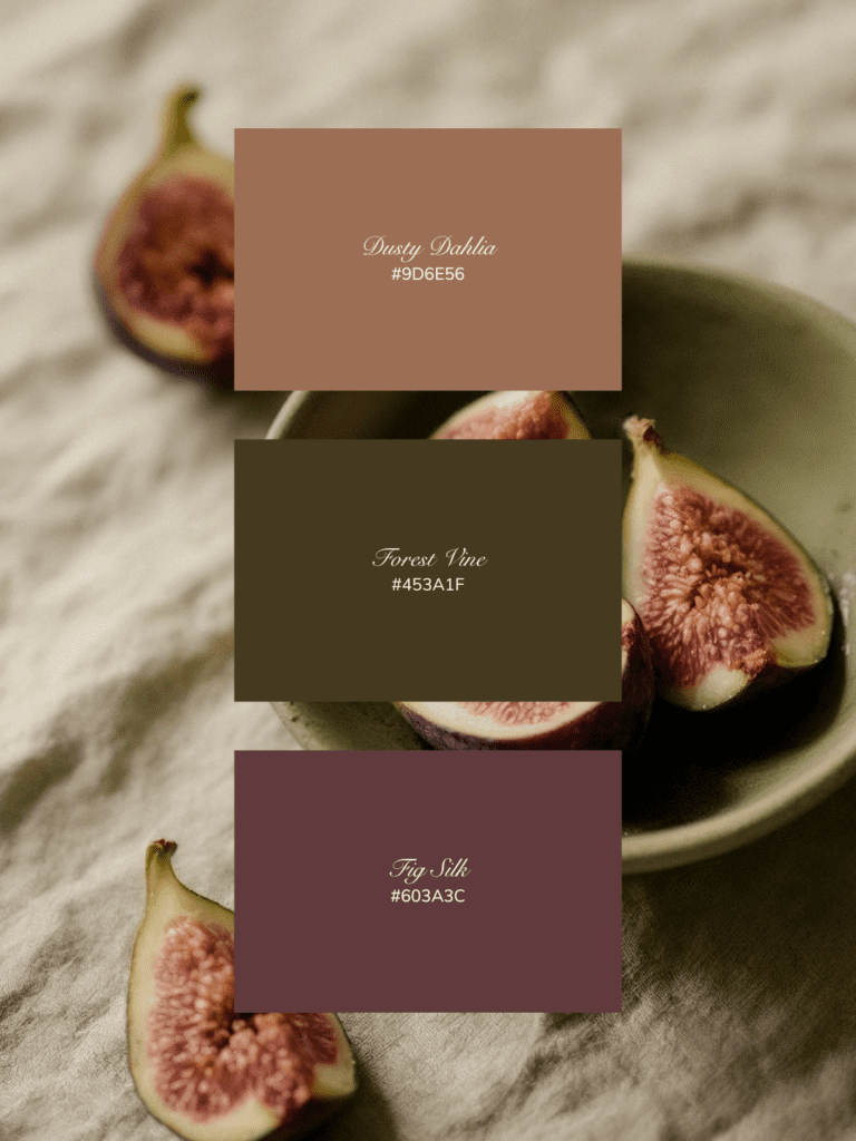 A rich spring palette featuring fig plum, forest green, and dusty rose tones for elegant branding.