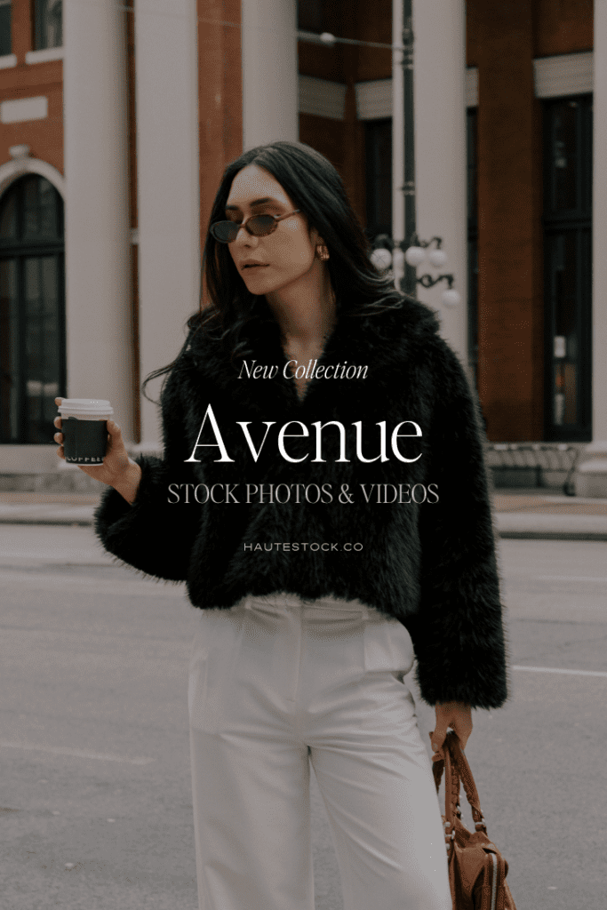 A stylish woman with long dark hair wearing sunglasses and a black sweater and white pants, holding a coffee cup in a city setting. Text overlay reads "New Collection Avenue Stock Photos & Videos."
