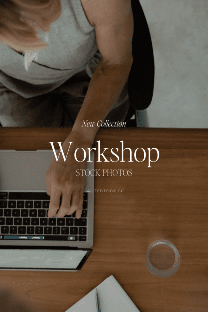 Overhead view of a woman working on a laptop with notes and glass of water, styled in a natural, editorial way for workshop marketing and coaching brands