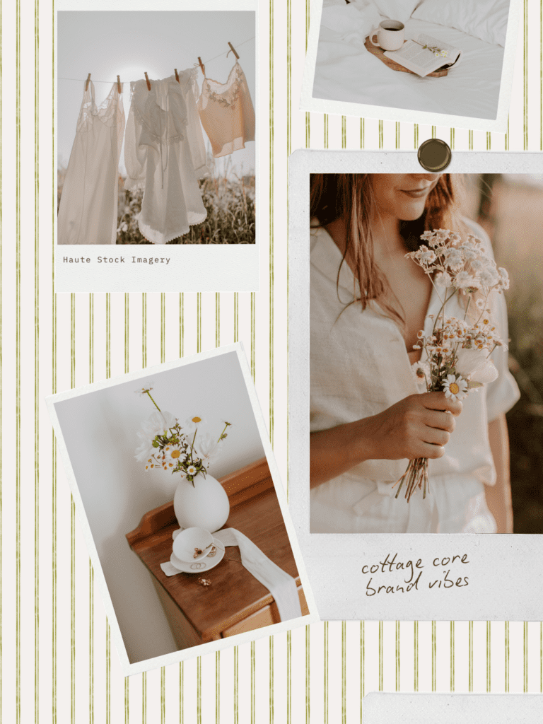 Cottagecore branding aesthetic moodboard featuring linen clothing, flowers, and soft vintage styling.