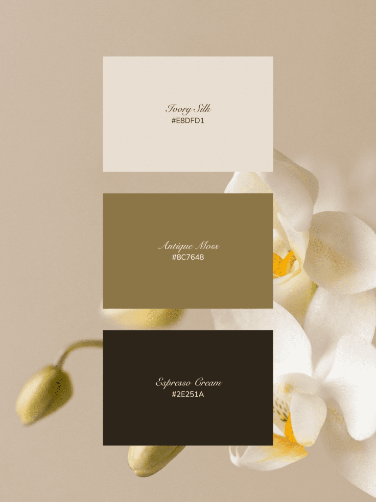 Luxury neutral spring color palette featuring ivory silk, antique moss, and espresso brown tones inspired by botanical florals.