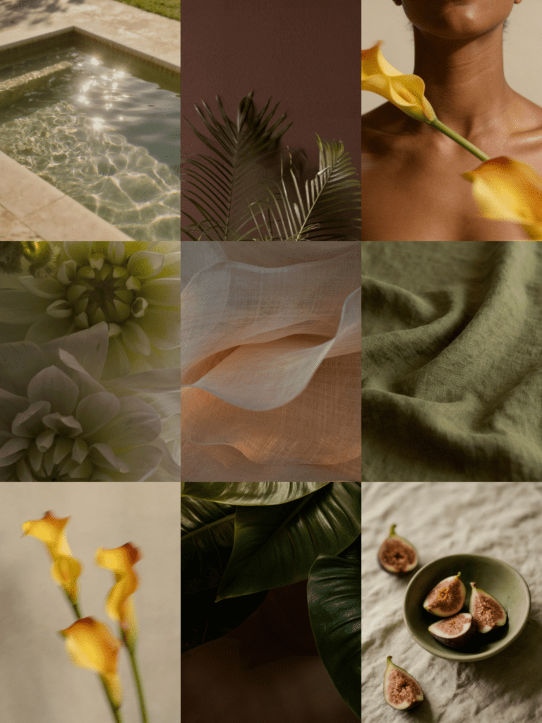 Luxury spring color palette inspiration collage featuring botanical textures, soft fabrics, figs, greenery, and warm neutral tones for elegant brand aesthetics.