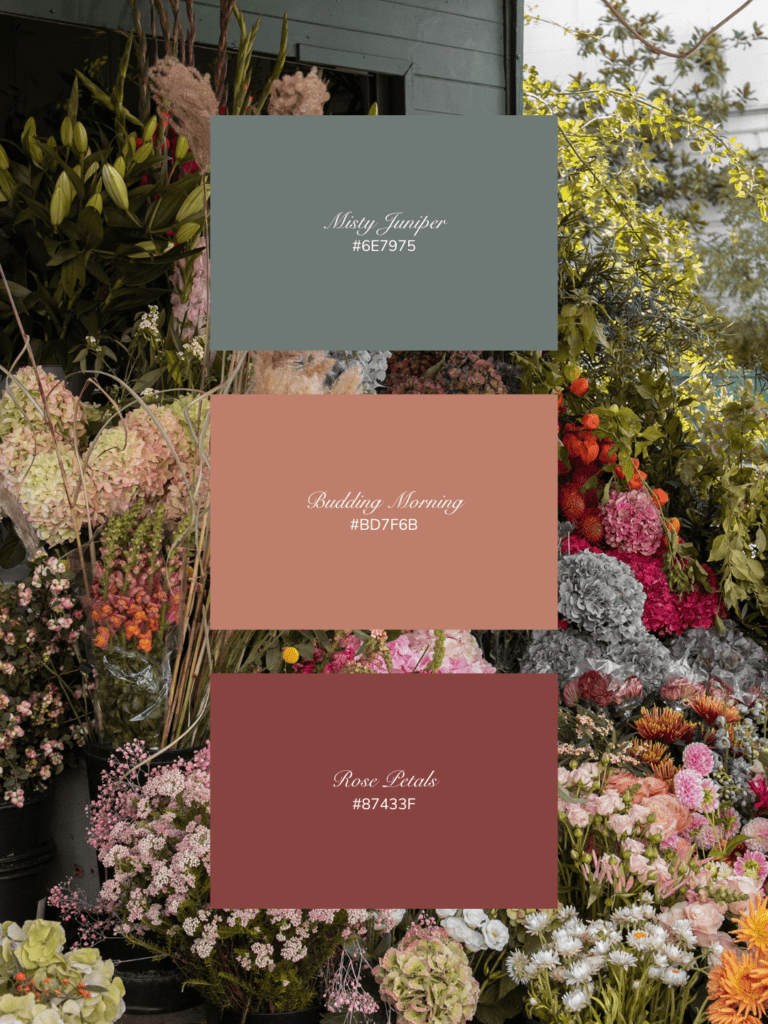 A romantic spring palette inspired by flower markets, soft terracotta, and botanical greens.
