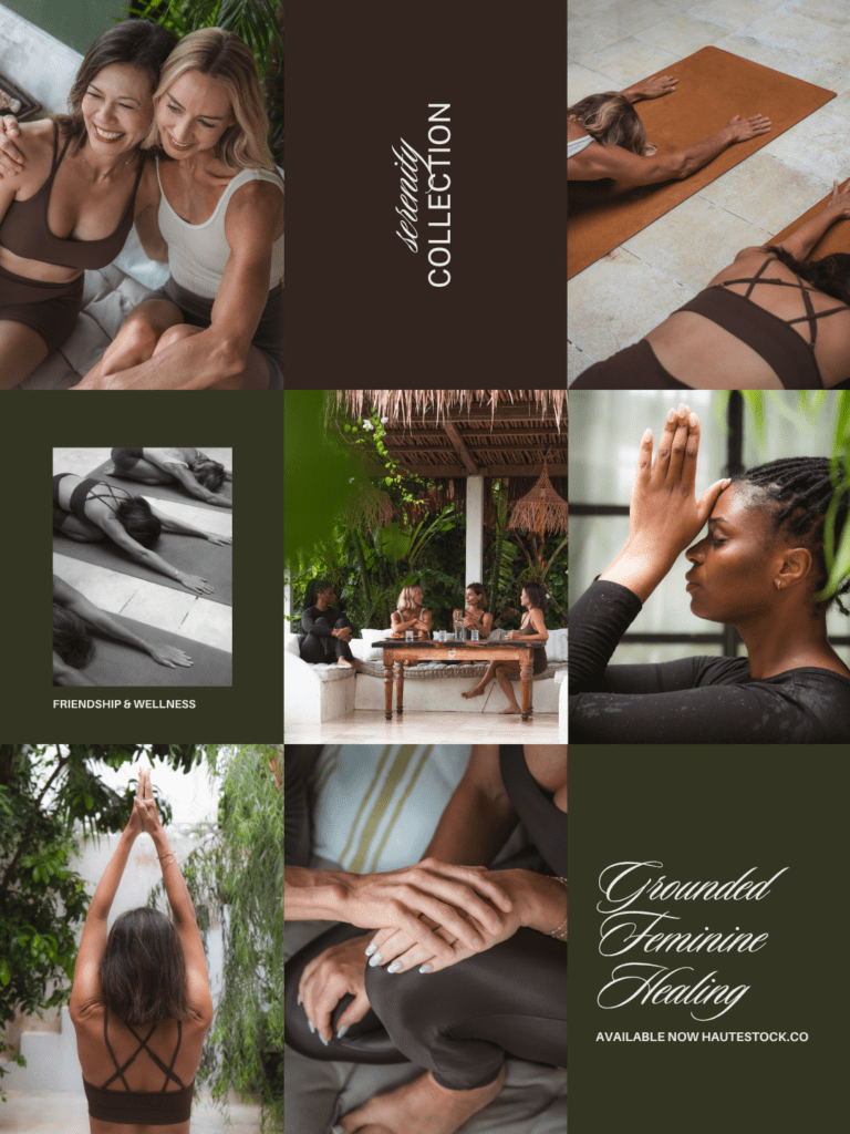 A Pinterest moodboard grid displaying various photos and text blocks for the Serenity Collection. Images include women in yoga poses, friends connecting, a relaxing setting, and text overlay about 'Friendship & Wellness' and 'Grounded Feminine Healing'.