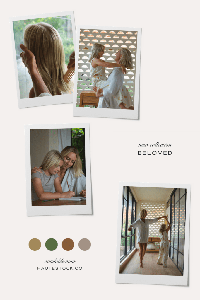 A Pinterest moodboard displaying four polaroid-style lifestyle photos of a blonde mother and her daughter, a natural color palette with brown and green.