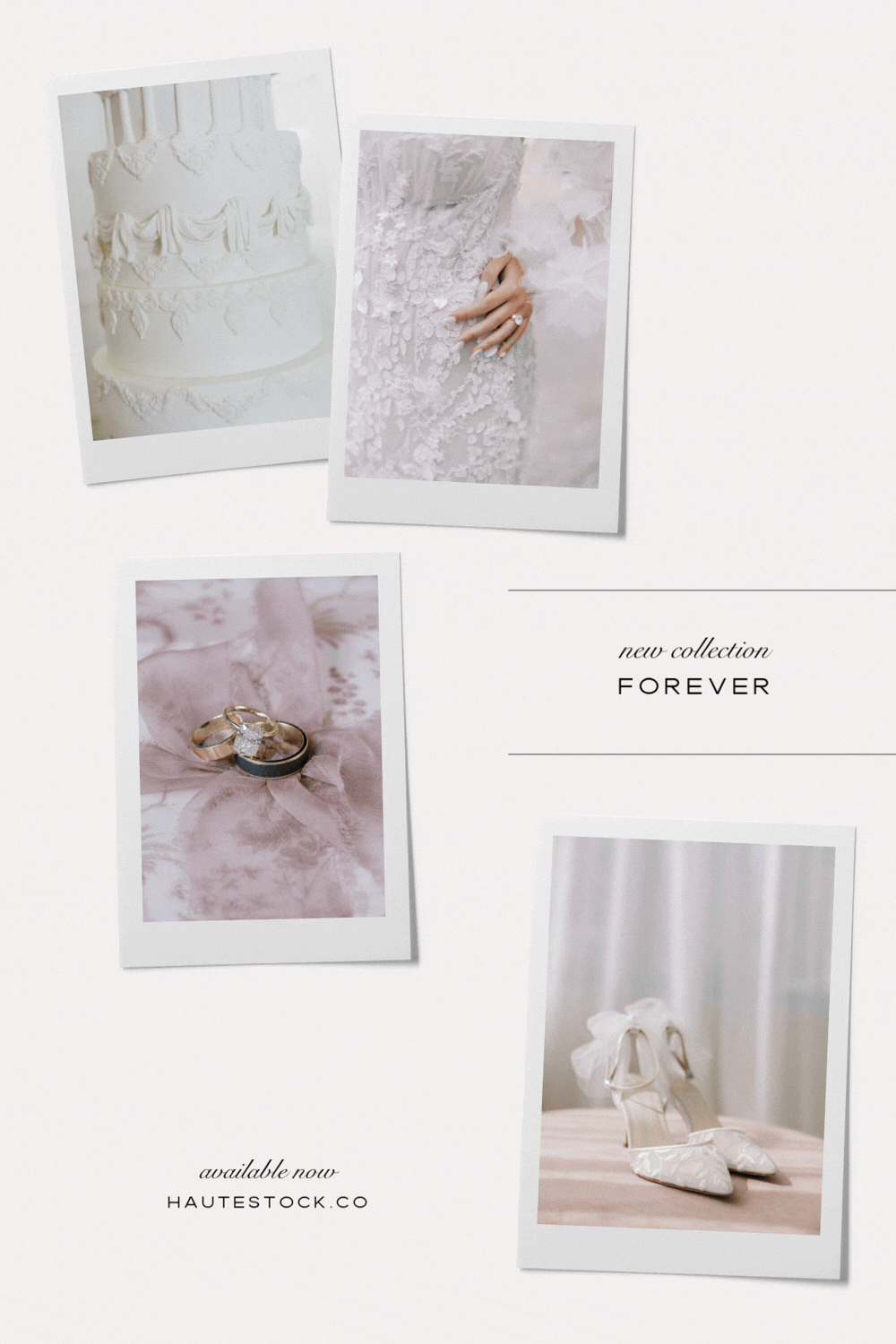 Romantic editorial wedding stock photos from the Haute Stock Forever collection featuring bridal details, rings, florals, wedding shoes, cake, and stationery.
