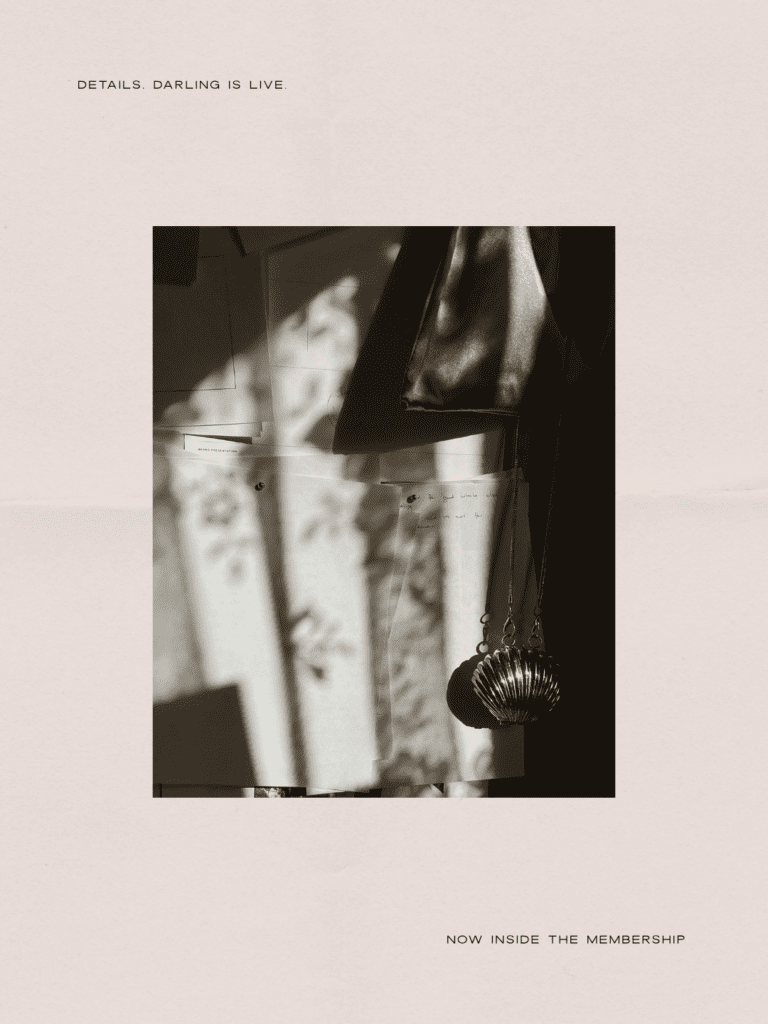 Moody editorial stock photo from Haute Stock with gold shell purse, papers, shadows, and refined styling details from the Details, Darling collection.