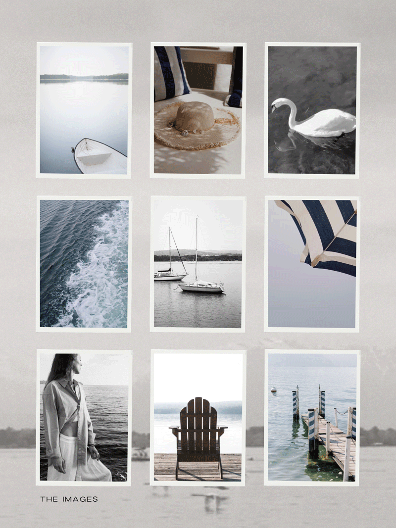 Curated coastal photography grid featuring ocean waves, relaxed tailoring, striped umbrellas, dock chairs and waterfront scenes.