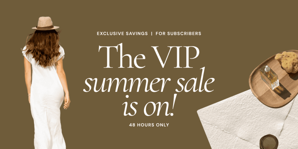 Brown and cream summer sale graphic mockup featuring a woman in a white dress and sunhat beside the text.